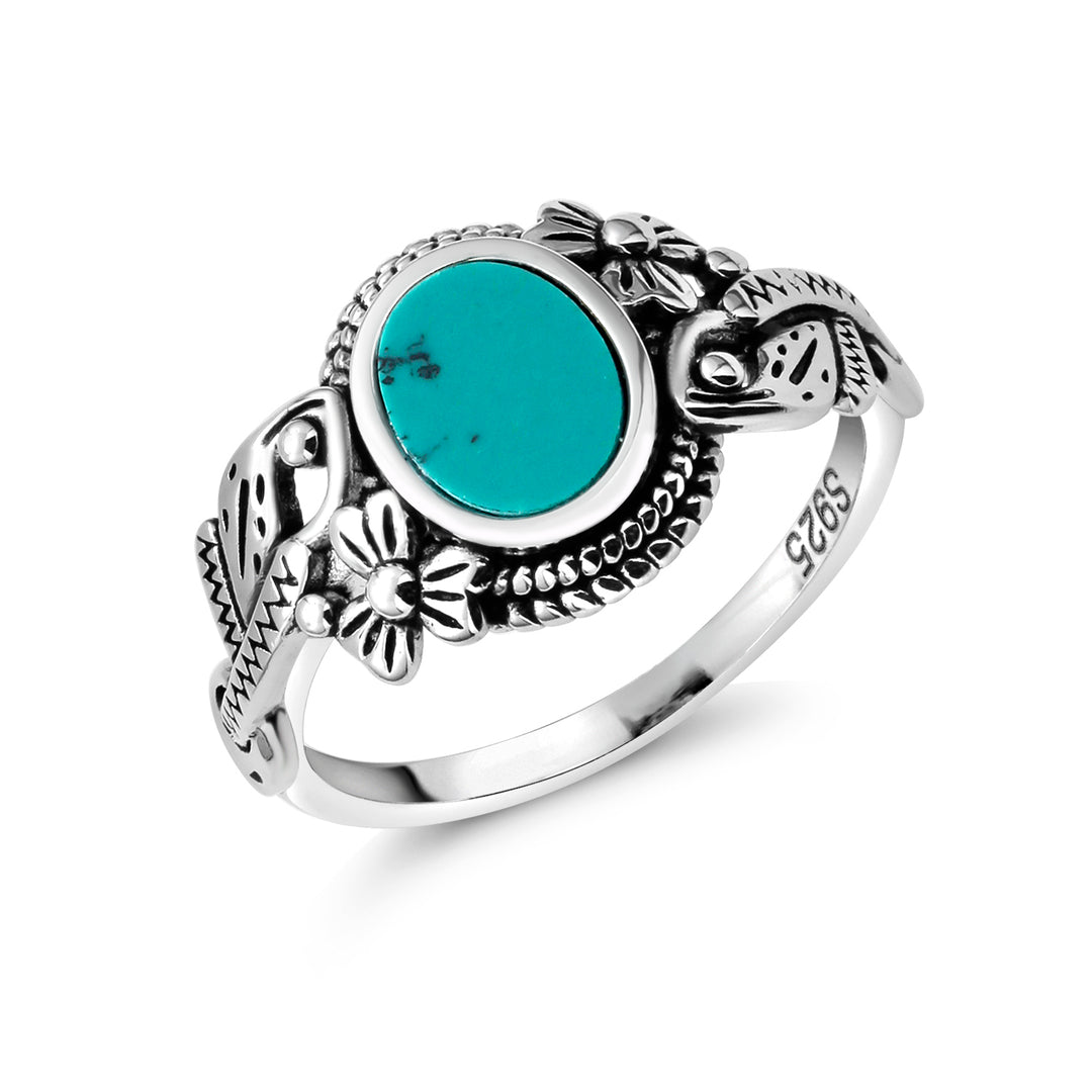 925 Sterling Silver Vintage Simulated Oval Turquoise Ring, Oxidized Flower Ring, Simulated Oval Turquoise Ring, Oxidized Silver Ring,&nbsp; Antique Ring, Lab Created Turquoise Ring