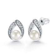 Pearl And Cz Stud Earrings, Teardrop Stud Earrings, Rhodium Plated On Brass Studs, Dailywear Pearl Stud Earrings