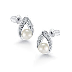 Load image into Gallery viewer, Pearl And Cz Stud Earrings, Teardrop Stud Earrings, Rhodium Plated On Brass Studs, Dailywear Pearl Stud Earrings

