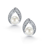 Load image into Gallery viewer, Pearl And Cz Stud Earrings, Teardrop Stud Earrings, Rhodium Plated On Brass Studs, Dailywear Pearl Stud Earrings
