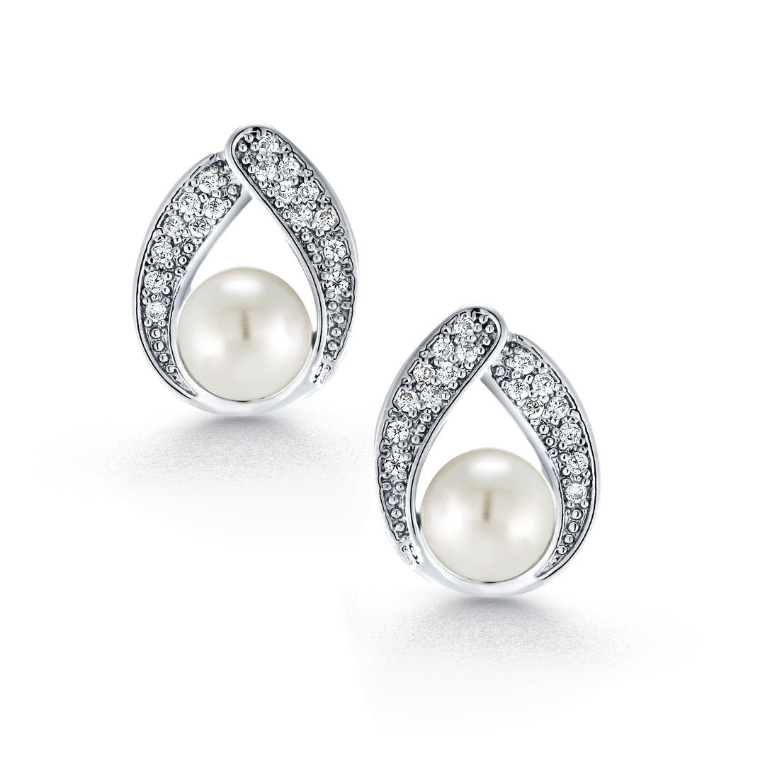 Pearl And Cz Stud Earrings, Teardrop Stud Earrings, Rhodium Plated On Brass Studs, Dailywear Pearl Stud Earrings