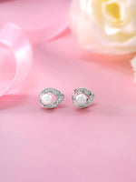 Load image into Gallery viewer, Pearl And Cz Stud Earrings, Teardrop Stud Earrings, Rhodium Plated On Brass Studs, Dailywear Pearl Stud Earrings
