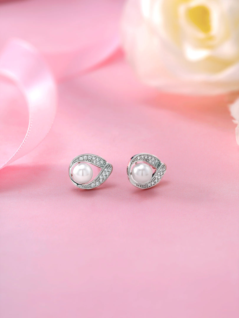 Pearl And Cz Stud Earrings, Teardrop Stud Earrings, Rhodium Plated On Brass Studs, Dailywear Pearl Stud Earrings