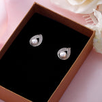 Load image into Gallery viewer, Pearl And Cz Stud Earrings, Teardrop Stud Earrings, Rhodium Plated On Brass Studs, Dailywear Pearl Stud Earrings
