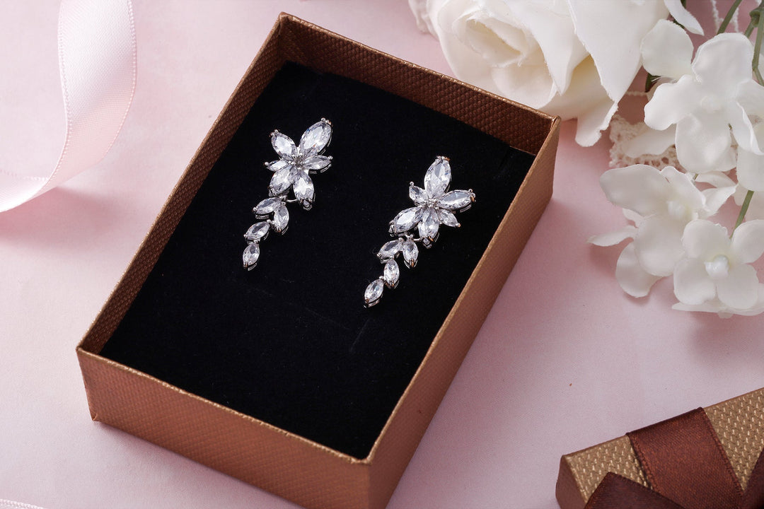 Marquise-Cut Cubic Zirconia  Flower Dangle Earrings, Flower Dangle Earrings, Marquise Dangle Earrings, Cz Dangle Earrings