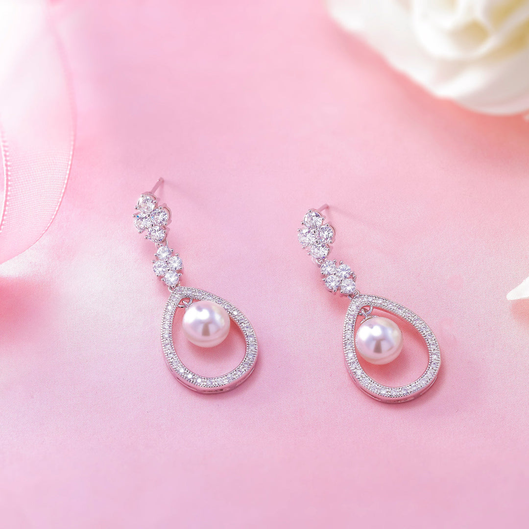 Pearl Dangle Earrings, Cz Dangle Earrings, Dangle Earrings, Pearl And Cz Earrings, Brass Dangle Earrings