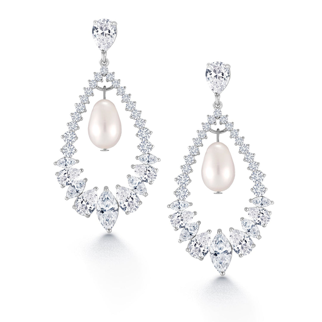 Pearl and Marquise Cubic Zirconia Dangle Earrings, Marquise Cz Dangle Earrings, Dangle Earrings, Pearl Earrings, Brass Earrings