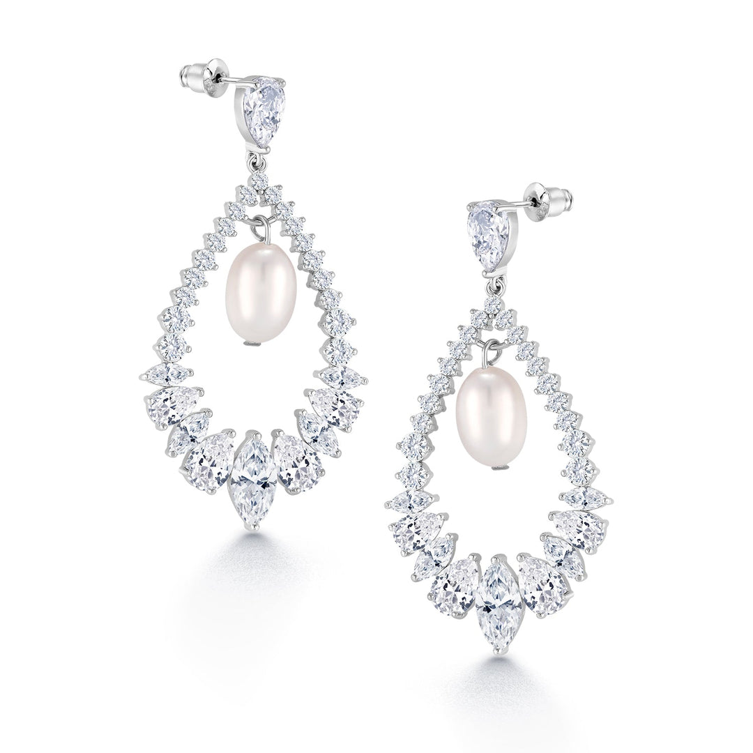Pearl and Marquise Cubic Zirconia Dangle Earrings, Marquise Cz Dangle Earrings, Dangle Earrings, Pearl Earrings, Brass Earrings