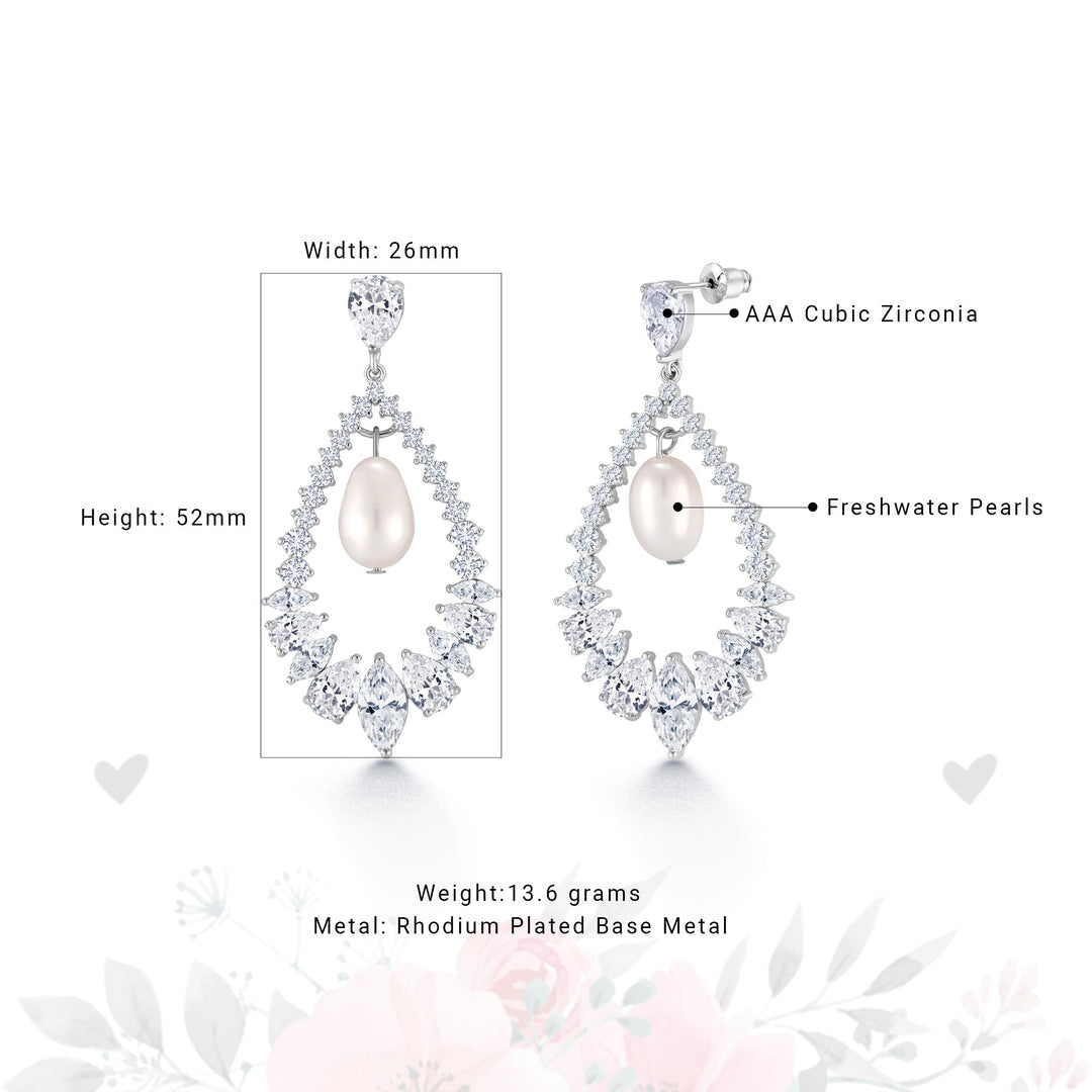 Pearl and Marquise Cubic Zirconia Dangle Earrings, Marquise Cz Dangle Earrings, Dangle Earrings, Pearl Earrings, Brass Earrings
