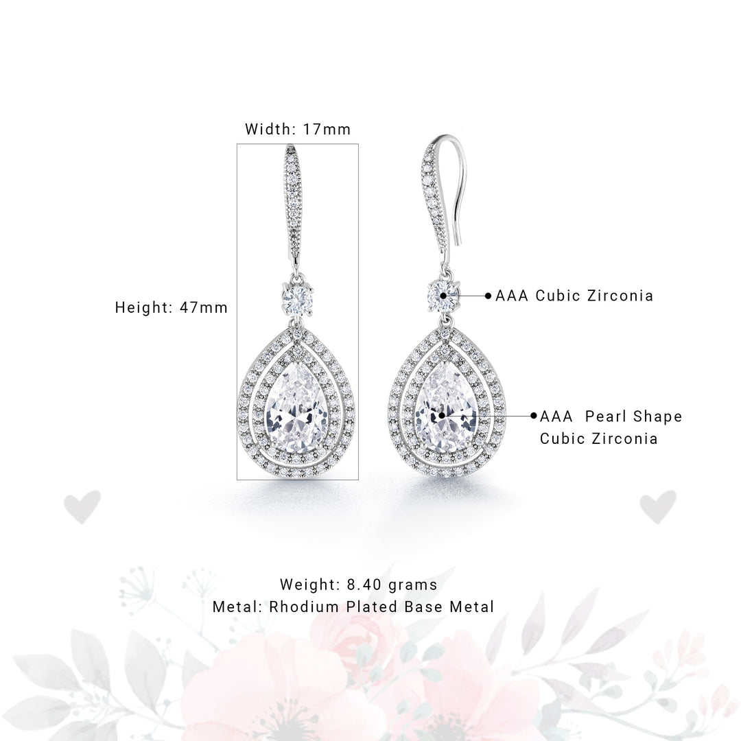 Tear Drop Cubic Zirconia Rhodium Plated Silver Tone Dangle Earrings, Teardrop Cz Dangle Earrings, Fish Hook Dangle Earrings, Brass Dangle Earrings