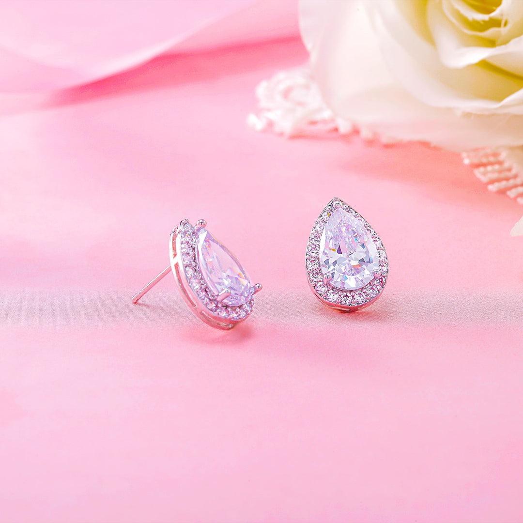 Teardrop CZ Halo Earrings, Teardrop Studs, Halo Studs, Water Drop Earrings, Rain Drop Earrings, Brass Cz  Drop Earrings