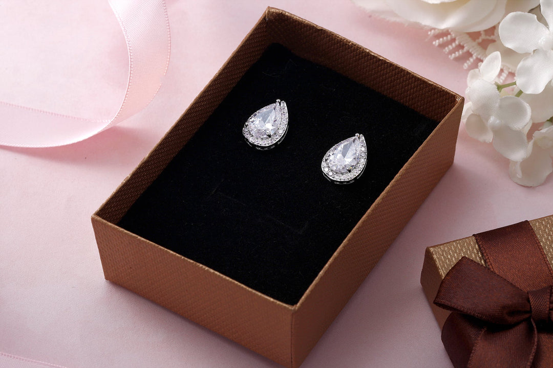 Teardrop CZ Halo Earrings, Teardrop Studs, Halo Studs, Water Drop Earrings, Rain Drop Earrings, Brass Cz  Drop Earrings
