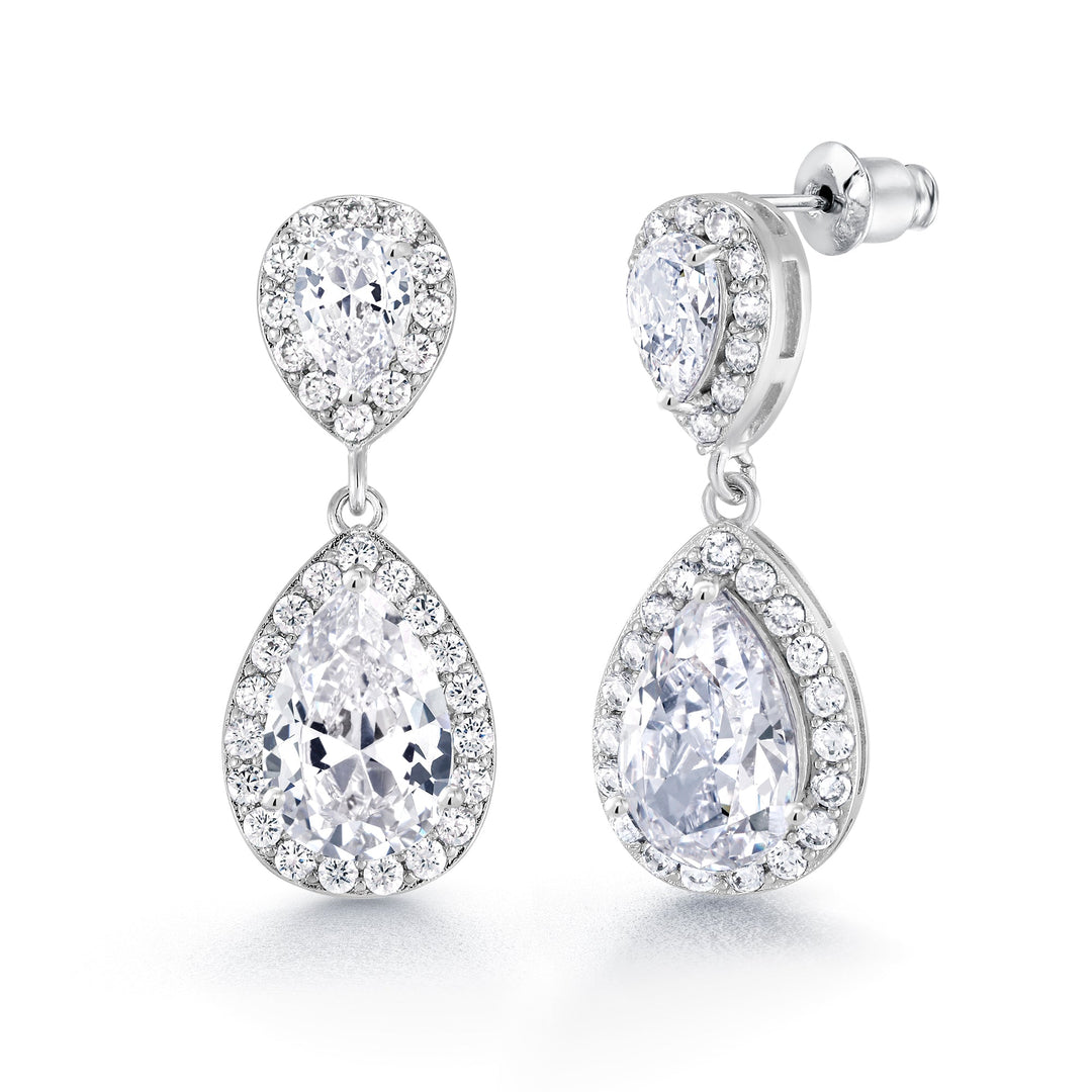 Double Teardrop CZ Dangle Earrings, Teardrop Cz Earrings, Halo Drop Earrings, Pear Shape Halo Earring, Wedding Earrings