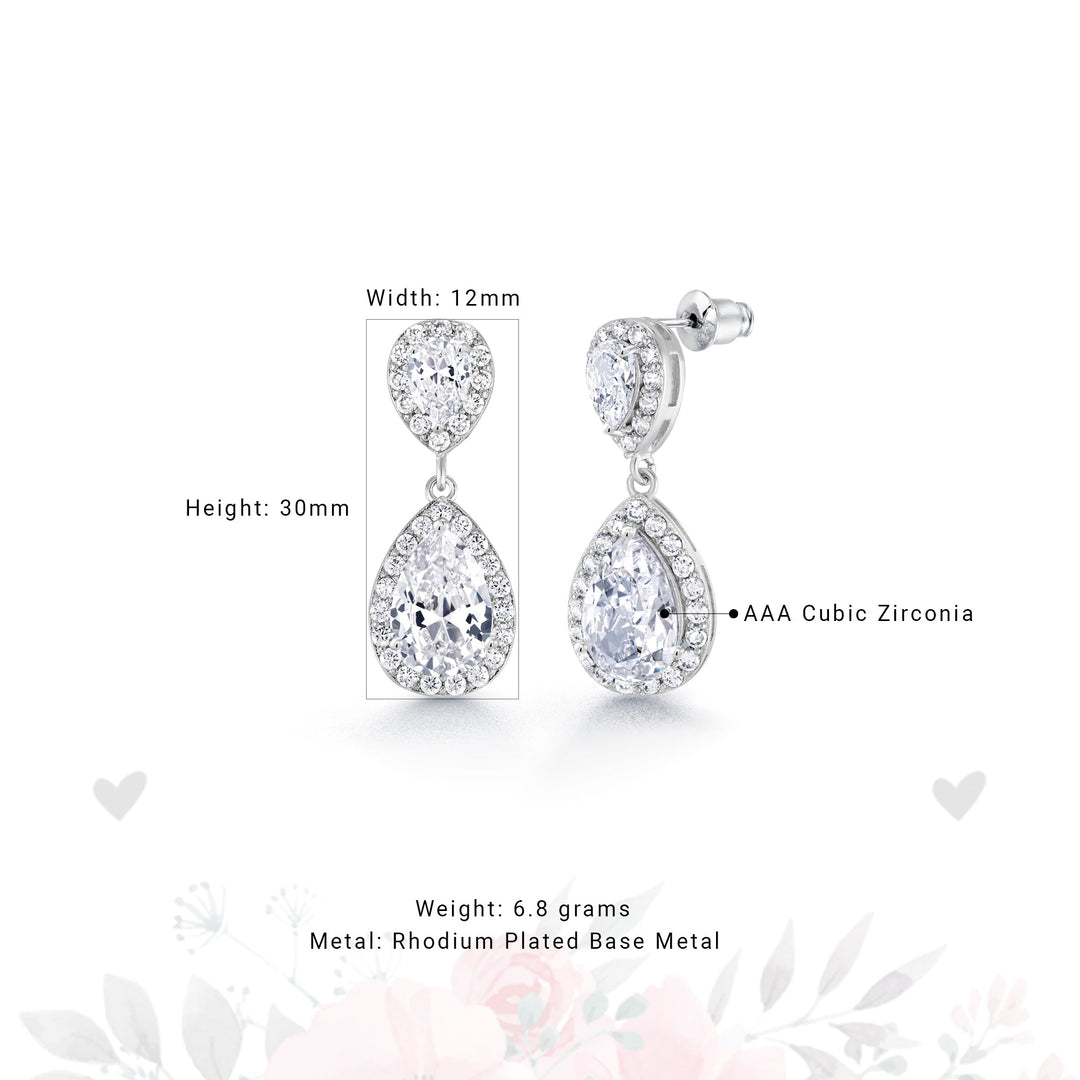 Double Teardrop CZ Dangle Earrings, Teardrop Cz Earrings, Halo Drop Earrings, Pear Shape Halo Earring, Wedding Earrings