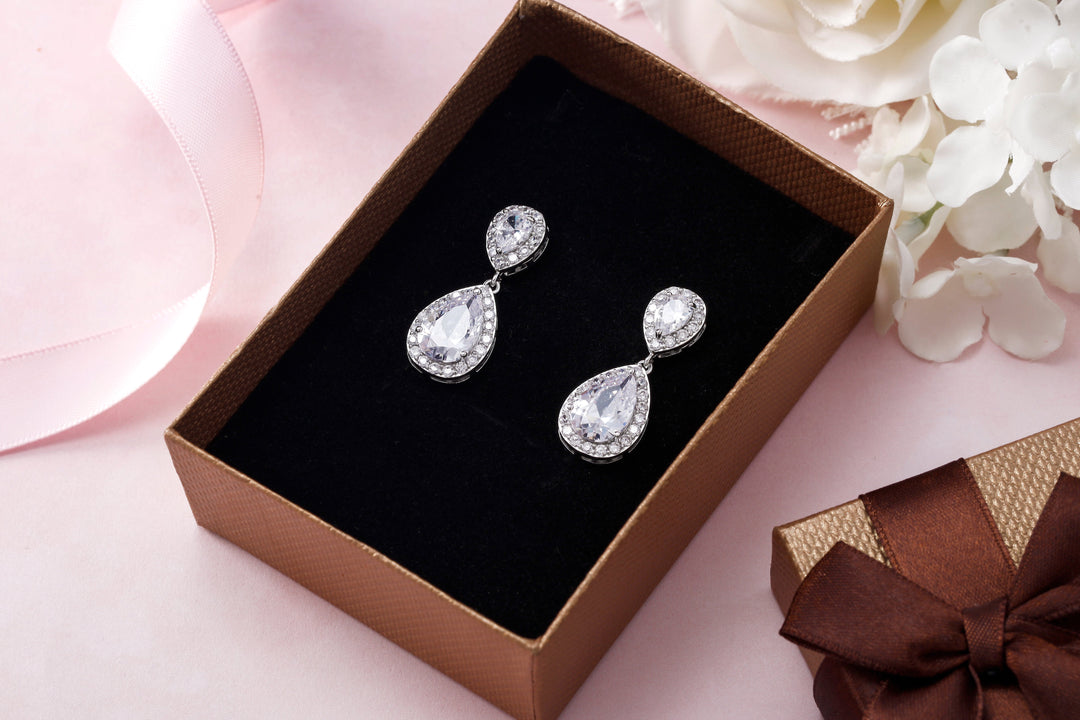 Double Teardrop CZ Dangle Earrings, Teardrop Cz Earrings, Halo Drop Earrings, Pear Shape Halo Earring, Wedding Earrings