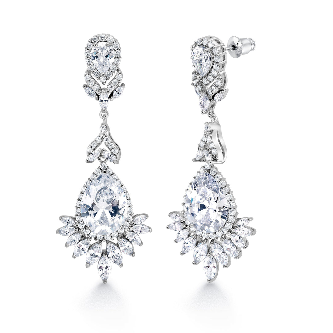 Wedding Teardrop Chandelier CZ Dangle Earrings, Victorian Style Teardrop Earrings, Pear Shape Dangle Earrings, Push Back Drop Earrings, Multi Shape Cz Earrings