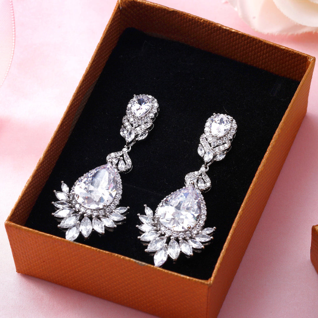 Wedding Teardrop Chandelier CZ Dangle Earrings, Victorian Style Teardrop Earrings, Pear Shape Dangle Earrings, Push Back Drop Earrings, Multi Shape Cz Earrings