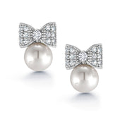 Pearl And CZ Stud Earrings, Cz Bow Stud Earrings, Bow Pearl Stud Earrings, Brass Stud Earrings, Pearl Studs