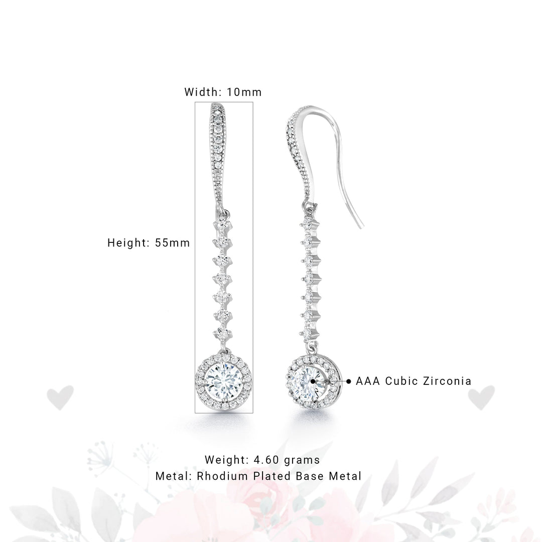 Long Drop Halo Dangle Earrings, Halo CZ Earrings, Fish Hook Earrings, Drop Earrings, Cz Dangle Earrings, Hook Earrings, Cz Earrings, Long Dangle Earrings, Wedding Earrings
