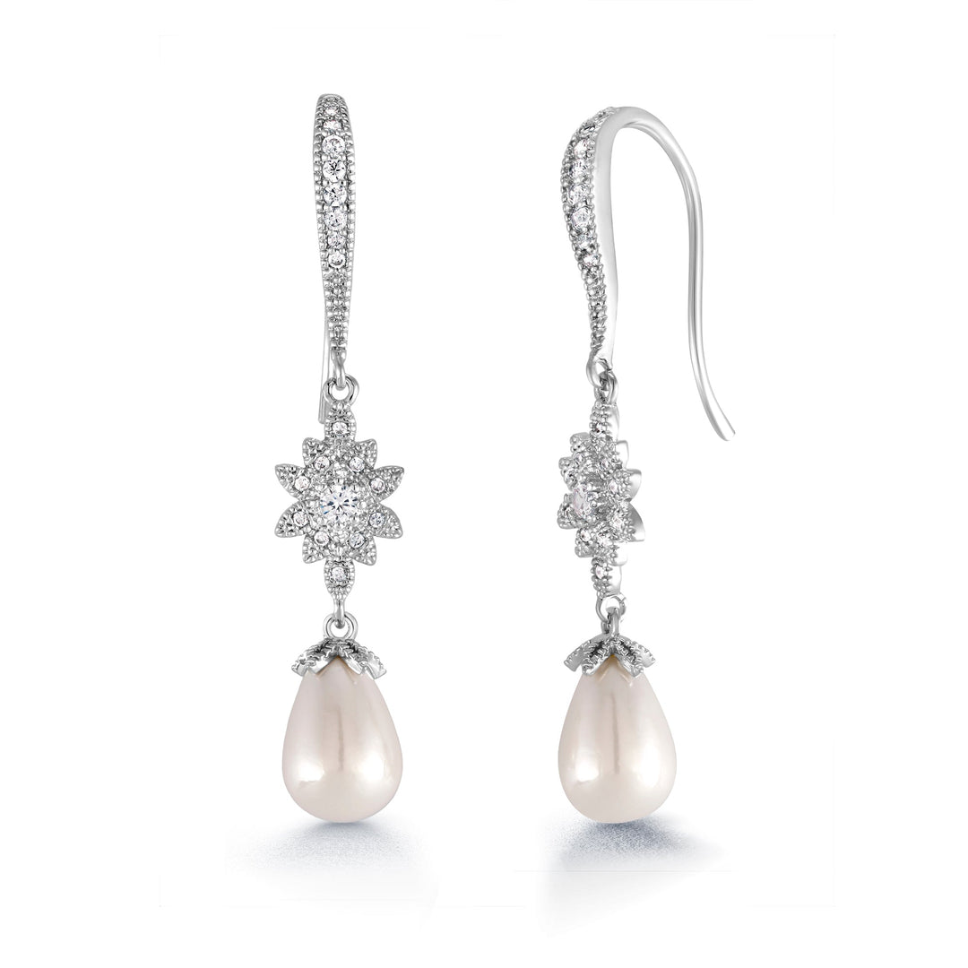 Freshwater Cultured Pearl Star Design Dangle Earrings, Wedding Dangle Earrings, Pearl Dangle Earrings, Cz Dangle Earrings, Fishhook Dangle earrings