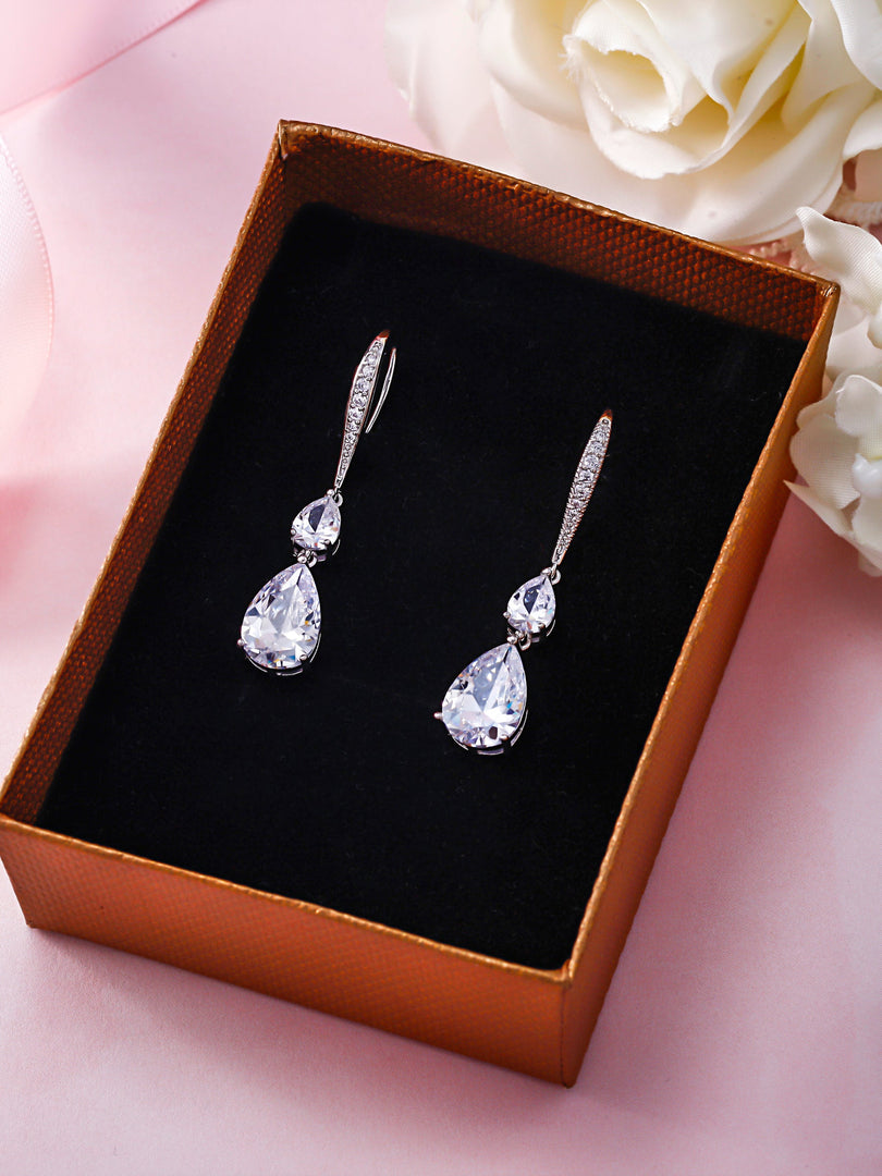 Wedding Double Teardrop CZ Dangle Earrings, Hook Dangle Earrings, Cz Dangle Earrings, Drop Dangle Earrings, Brass Dangle Earrings