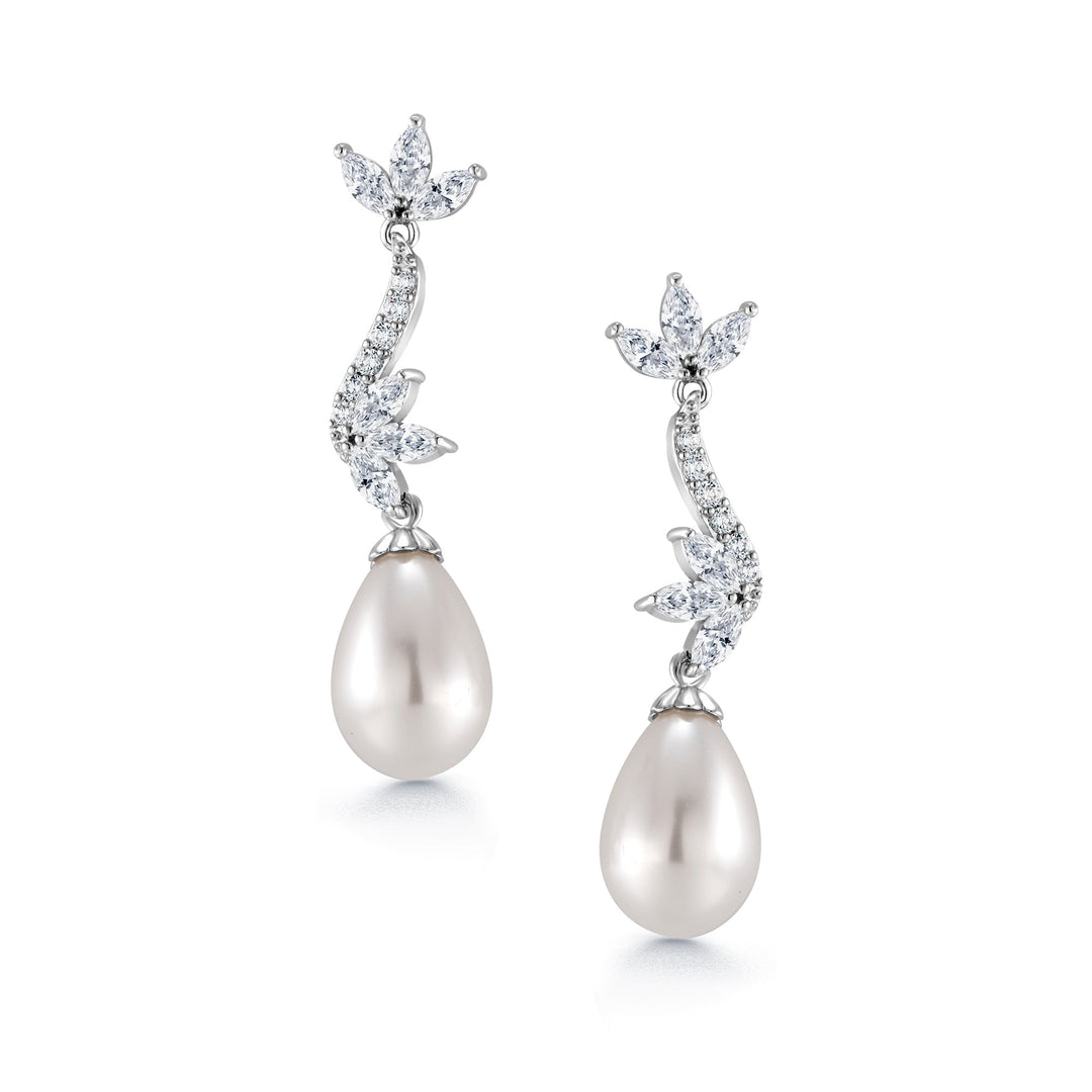 Freshwater Cultural Pearl Marquies CZ Flower Earrings, Pearl Dangle Earrings, Cz Dangle Earrings, Brass Dangle earrings