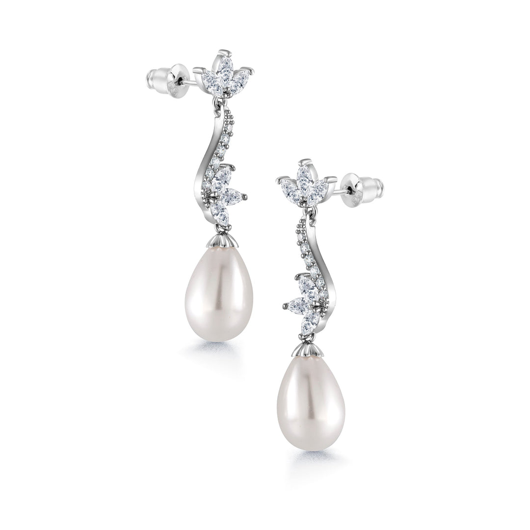 Freshwater Cultural Pearl Marquies CZ Flower Earrings, Pearl Dangle Earrings, Cz Dangle Earrings, Brass Dangle earrings