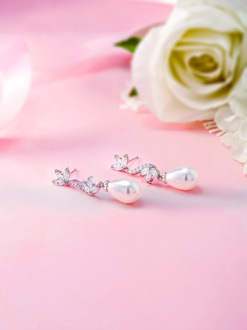 Freshwater Cultural Pearl Marquies CZ Flower Earrings, Pearl Dangle Earrings, Cz Dangle Earrings, Brass Dangle earrings