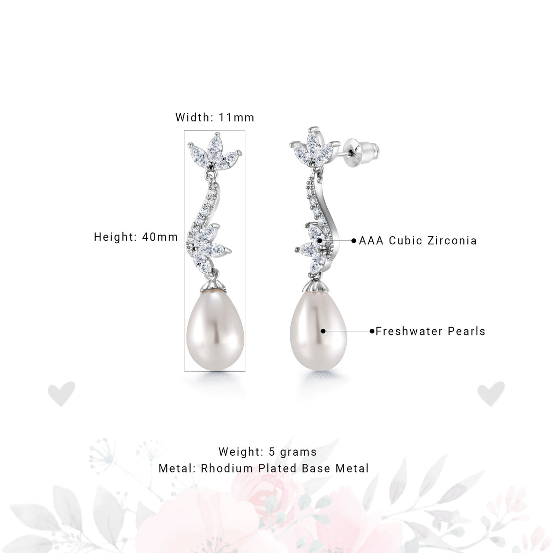 Freshwater Cultural Pearl Marquies CZ Flower Earrings, Pearl Dangle Earrings, Cz Dangle Earrings, Brass Dangle earrings