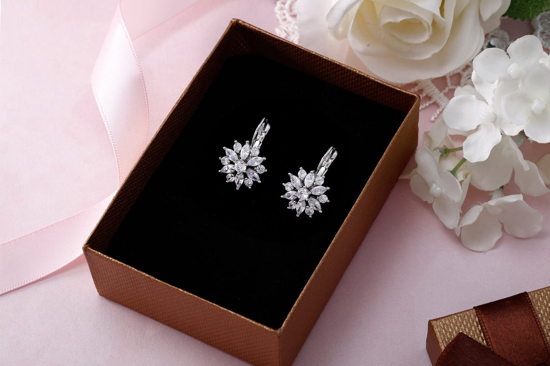 Flower Design Marquise Earrings, Marquise Cz Dangle Earrings, Wedding Dangle Earrings, Brass Dangle Earrings