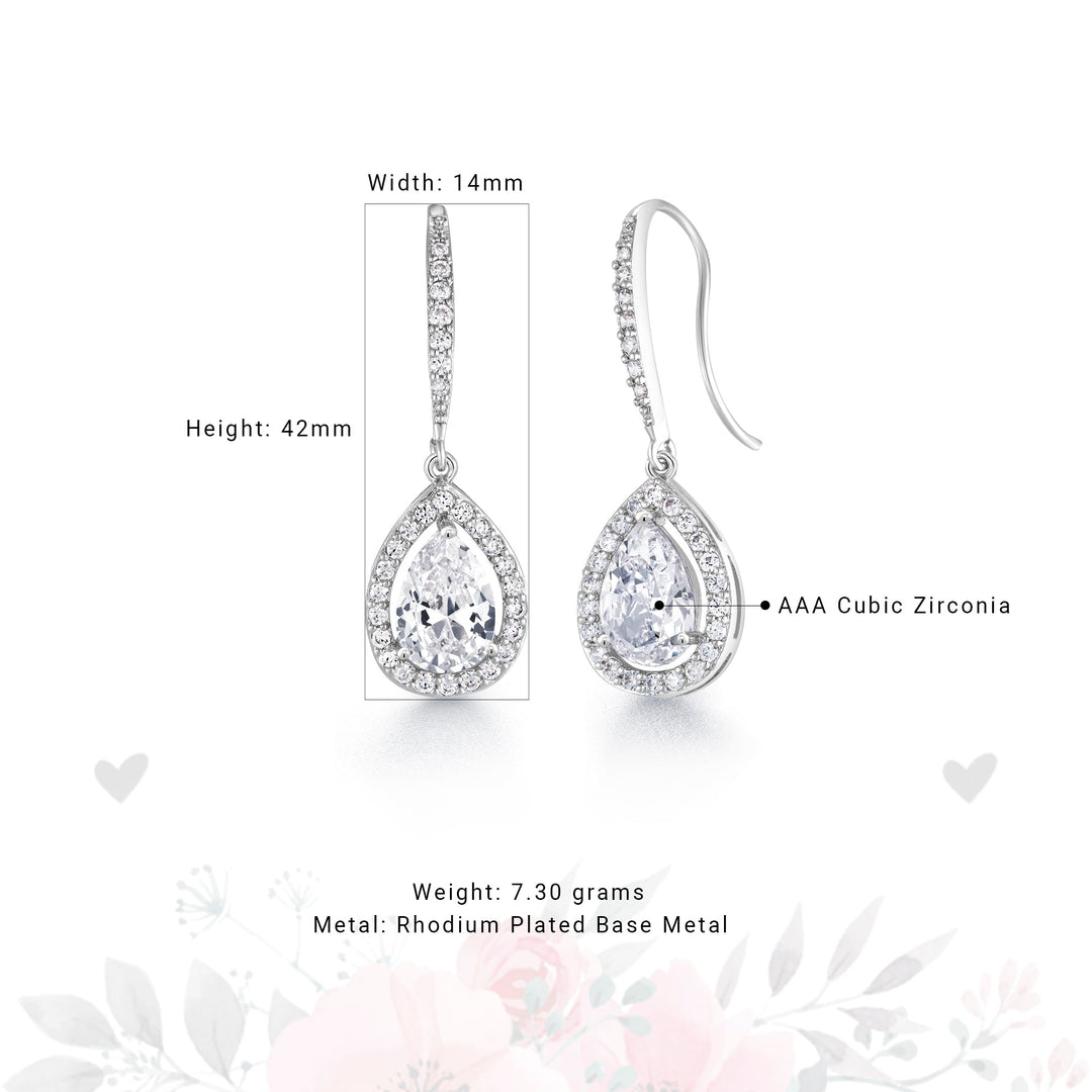 Wedding Tear Drop Cz Rhodium Plated Silver Tone Earrings, Pear Shape Earrings, Dangle Earrings, Tear Drop Earrings, Water Drop Earrings, Rain Drop Earrings, Drop Earrings
