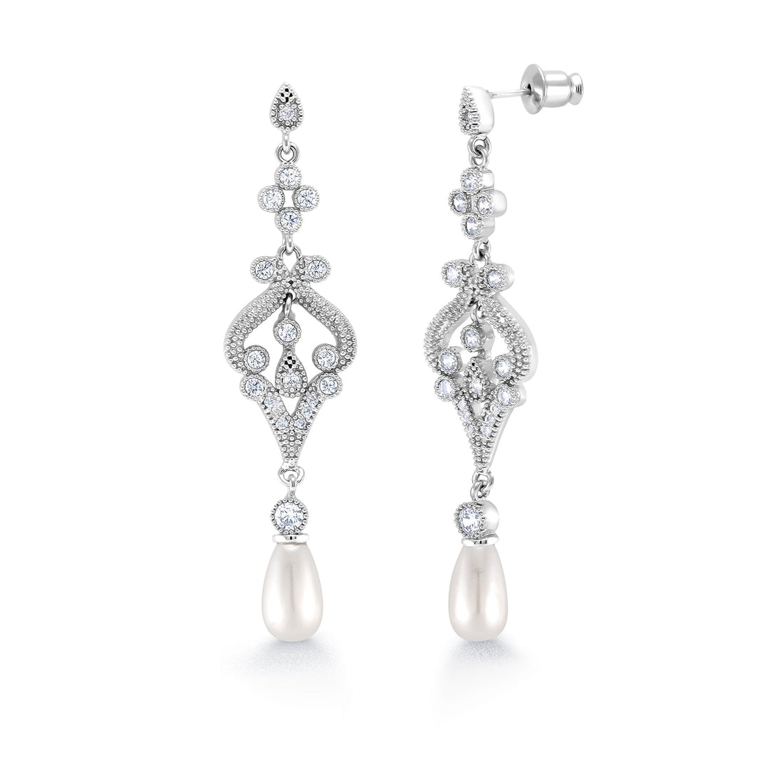 Freshwater Cultural Pearl Wedding Earrings, Weddings Dangle Earrings, Pearl Dangle Earrings, Cz Dangle Earrings, Brass Earrings