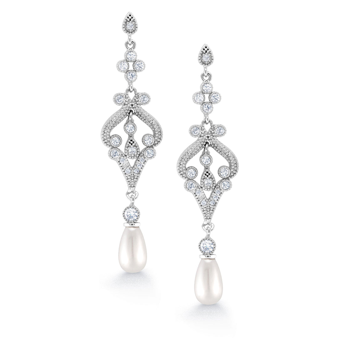 Freshwater Cultural Pearl Wedding Earrings, Weddings Dangle Earrings, Pearl Dangle Earrings, Cz Dangle Earrings, Brass Earrings