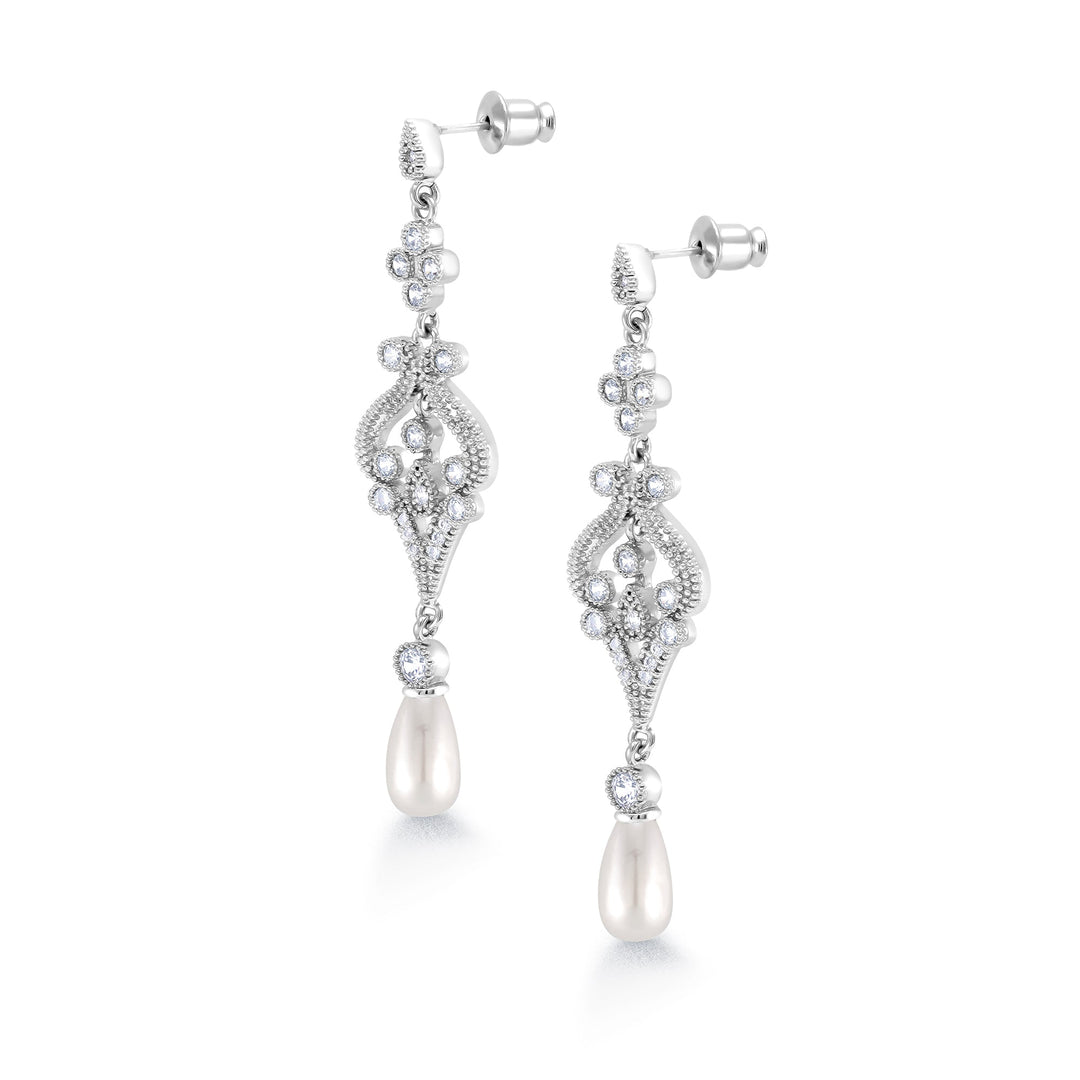 Freshwater Cultural Pearl Wedding Earrings, Weddings Dangle Earrings, Pearl Dangle Earrings, Cz Dangle Earrings, Brass Earrings