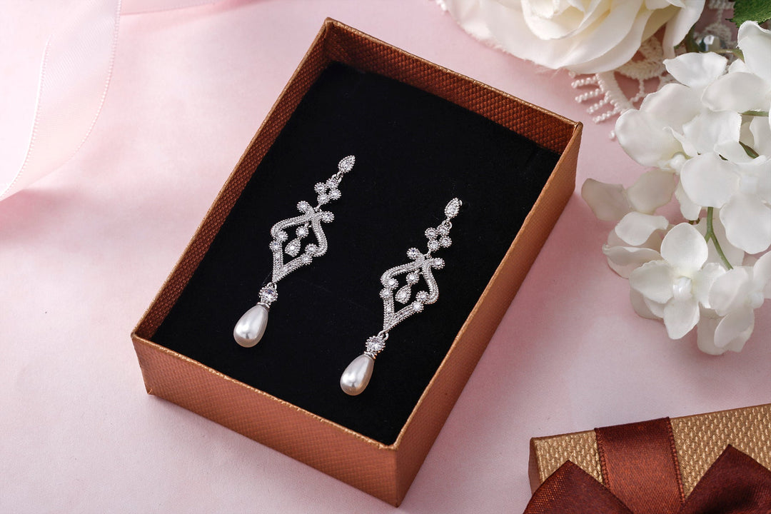 Freshwater Cultural Pearl Wedding Earrings, Weddings Dangle Earrings, Pearl Dangle Earrings, Cz Dangle Earrings, Brass Earrings