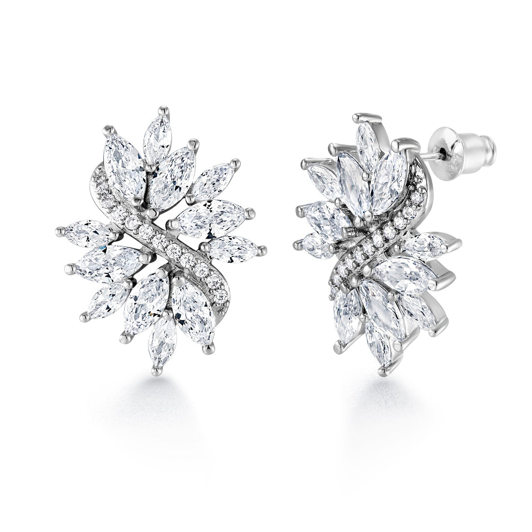 Wedding Flower Design Marquise and Round CZ Studs Earrings, Marquise Earrings, Cz Earrings, Multi Cz Earrings, Push back Earrings, Brass Earrings