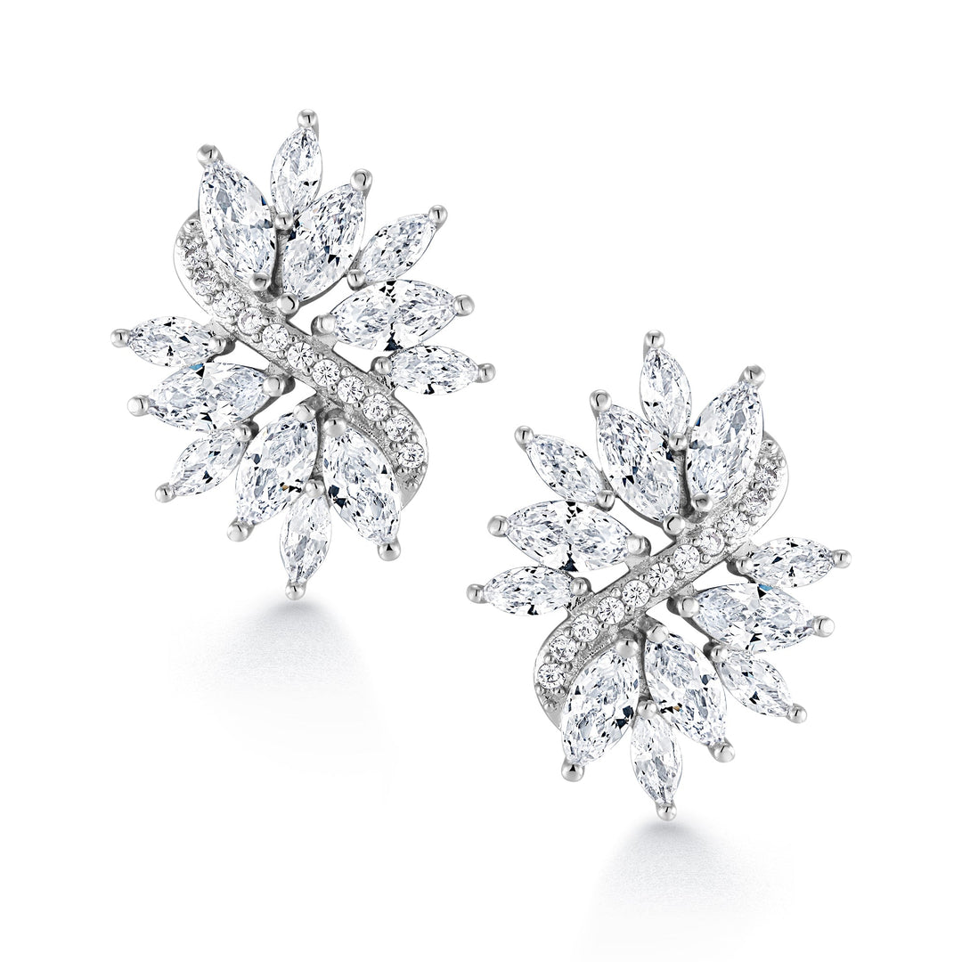 Wedding Flower Design Marquise and Round CZ Studs Earrings, Marquise Earrings, Cz Earrings, Multi Cz Earrings, Push back Earrings, Brass Earrings