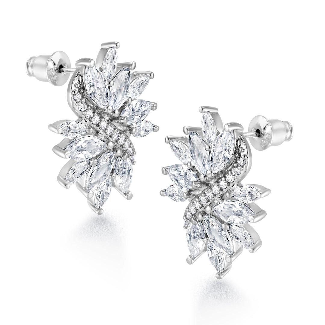 Wedding Flower Design Marquise and Round CZ Studs Earrings, Marquise Earrings, Cz Earrings, Multi Cz Earrings, Push back Earrings, Brass Earrings