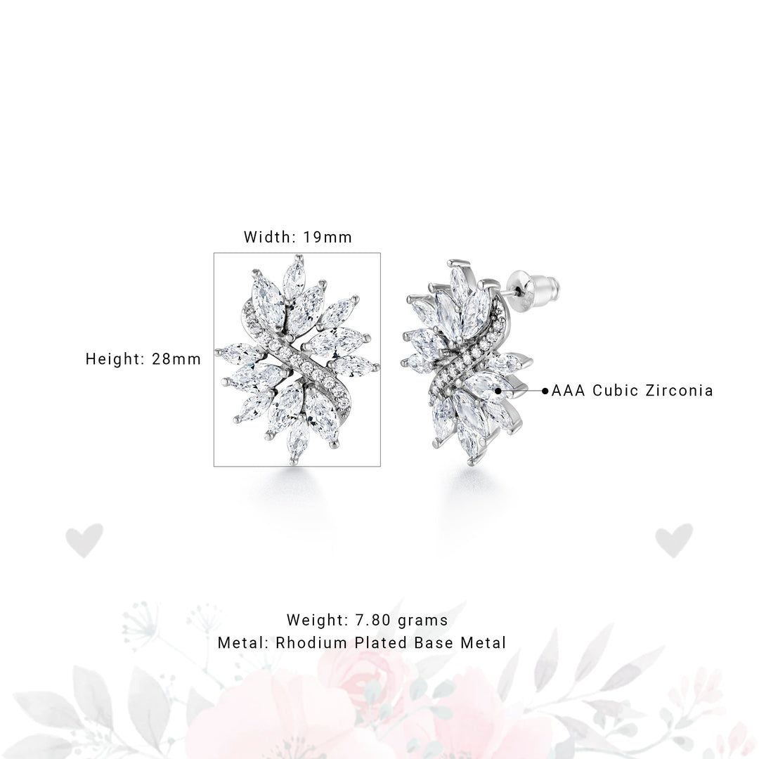 Wedding Flower Design Marquise and Round CZ Studs Earrings, Marquise Earrings, Cz Earrings, Multi Cz Earrings, Push back Earrings, Brass Earrings