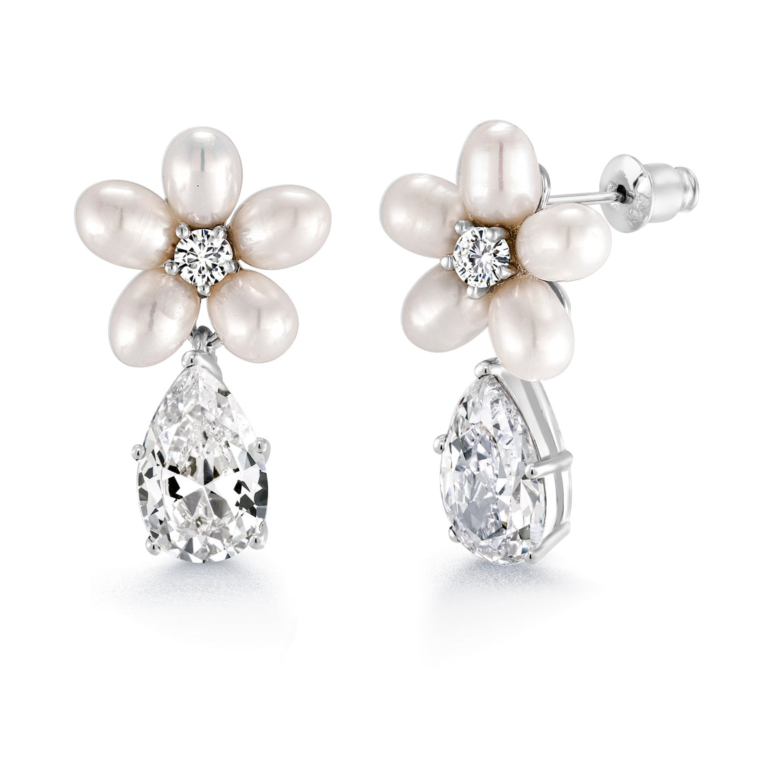 Teardrop CZ Flower Design Wedding Earrings, Flower Stud Earrings, Cz Dangle Earrings, Pearl Dangle Earrings, Teardrop Cz Dangle Earrings