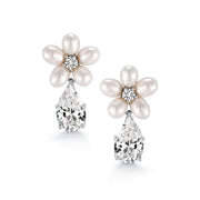 Teardrop CZ Flower Design Wedding Earrings, Flower Stud Earrings, Cz Dangle Earrings, Pearl Dangle Earrings, Teardrop Cz Dangle Earrings
