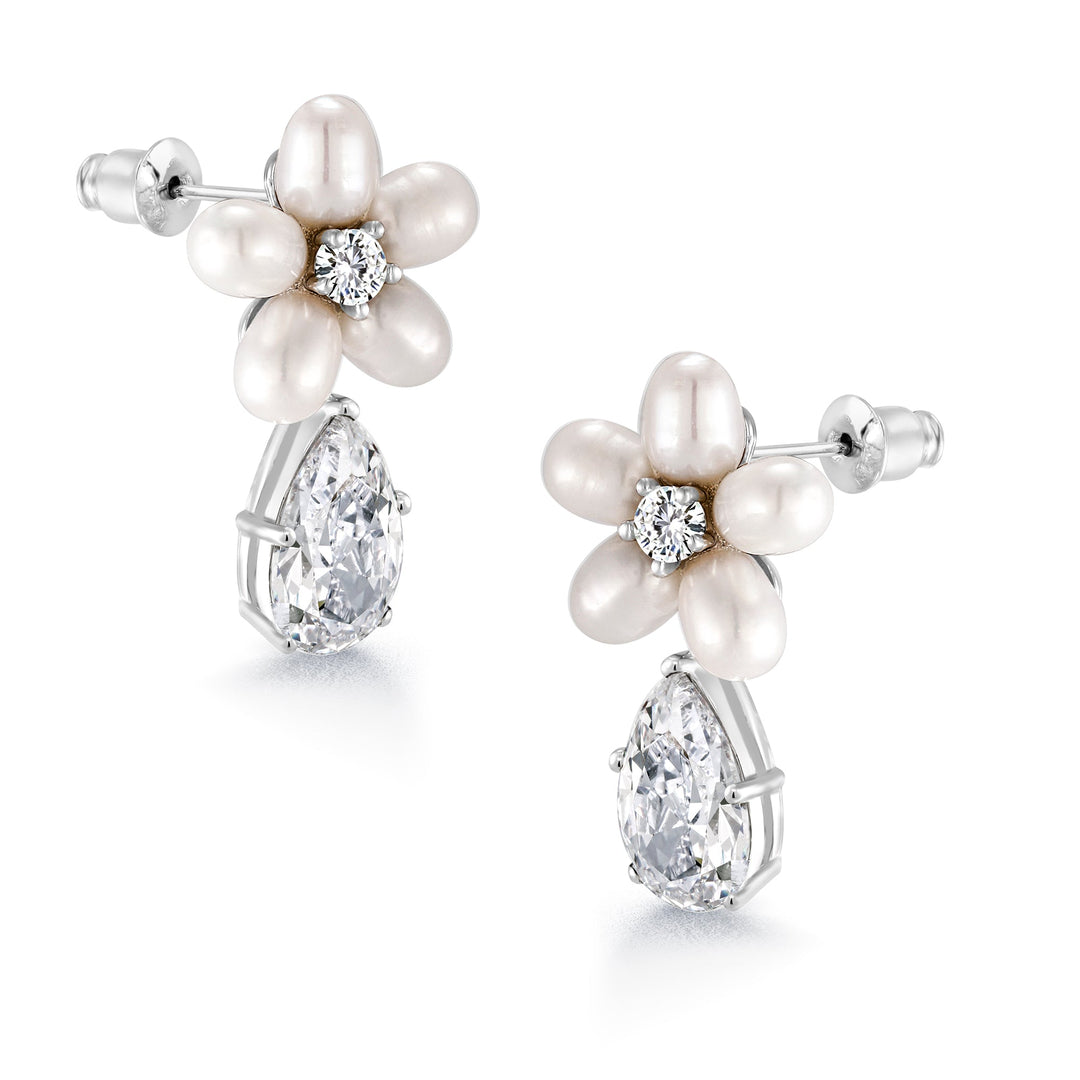 Teardrop CZ Flower Design Wedding Earrings, Flower Stud Earrings, Cz Dangle Earrings, Pearl Dangle Earrings, Teardrop Cz Dangle Earrings