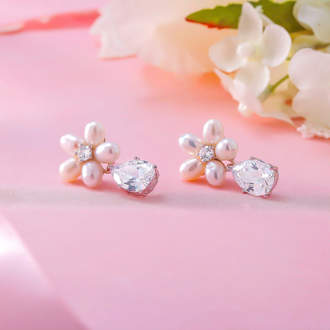 Teardrop CZ Flower Design Wedding Earrings, Flower Stud Earrings, Cz Dangle Earrings, Pearl Dangle Earrings, Teardrop Cz Dangle Earrings
