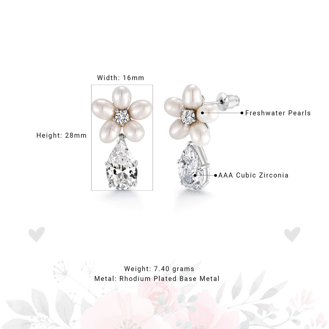Teardrop CZ Flower Design Wedding Earrings, Flower Stud Earrings, Cz Dangle Earrings, Pearl Dangle Earrings, Teardrop Cz Dangle Earrings