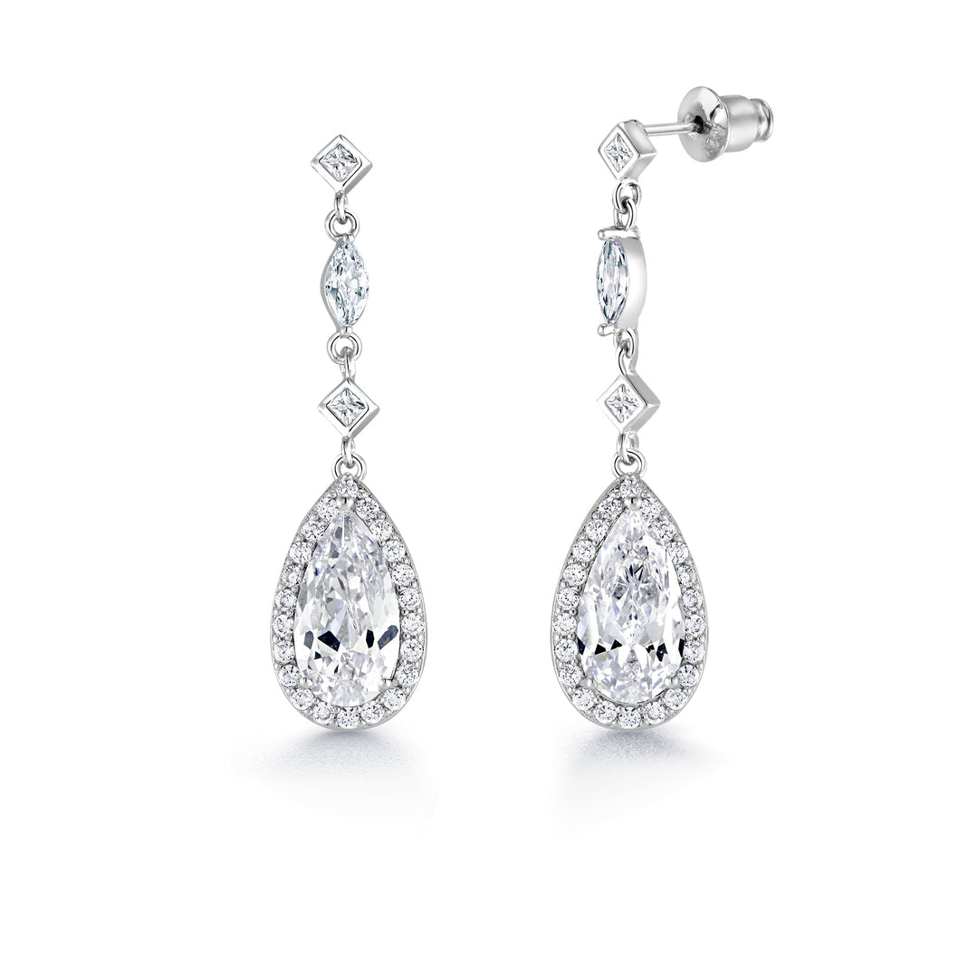 Teardrop CZ Dangle Halo Bridal Earrings, Teardrop Earrings, CZ Earrings, Pear Shape CZ Earrings, Long Drop Earrings, Push Back Earrings