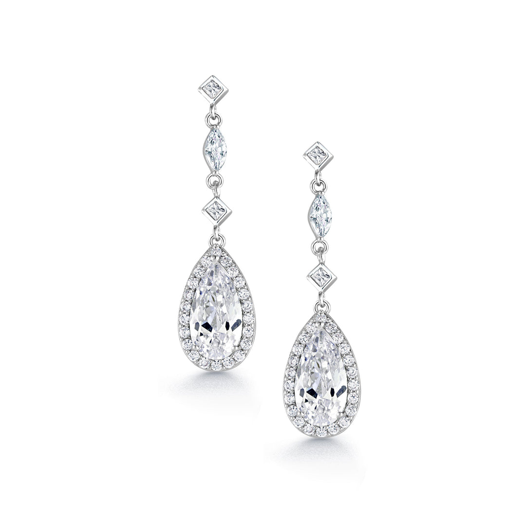 Teardrop CZ Dangle Halo Bridal Earrings, Teardrop Earrings, CZ Earrings, Pear Shape CZ Earrings, Long Drop Earrings, Push Back Earrings