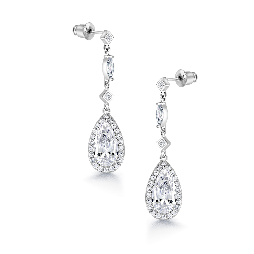 Teardrop CZ Dangle Halo Bridal Earrings, Teardrop Earrings, CZ Earrings, Pear Shape CZ Earrings, Long Drop Earrings, Push Back Earrings