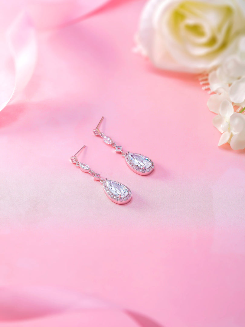 Teardrop CZ Dangle Halo Bridal Earrings, Teardrop Earrings, CZ Earrings, Pear Shape CZ Earrings, Long Drop Earrings, Push Back Earrings