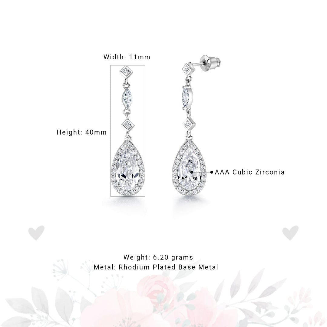 Teardrop CZ Dangle Halo Bridal Earrings, Teardrop Earrings, CZ Earrings, Pear Shape CZ Earrings, Long Drop Earrings, Push Back Earrings