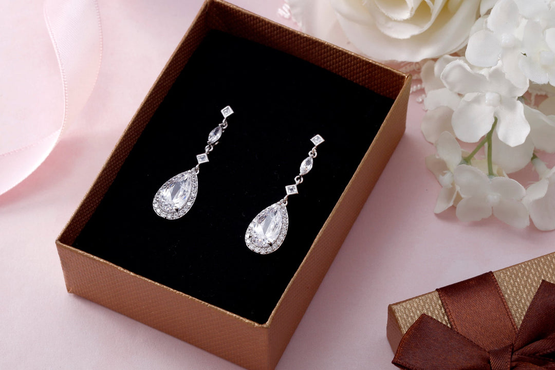 Teardrop CZ Dangle Halo Bridal Earrings, Teardrop Earrings, CZ Earrings, Pear Shape CZ Earrings, Long Drop Earrings, Push Back Earrings
